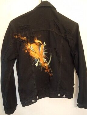 Custom 1-of-1 Hand Painted PacSun Black Distressed Grunge Denim Jacket Small